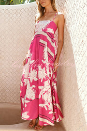 Botanical Print Halter Square Neck Pleated Loose Maxi Dress