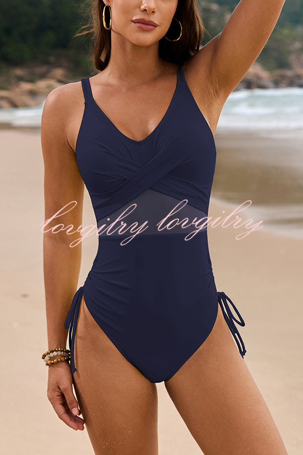 Solid Color Drawstring Waist Mesh One-Piece Bikini Swimsuit