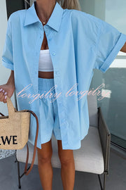 Summer Casual Loose Short-sleeved Shirt and Elastic High Waist Shorts Set