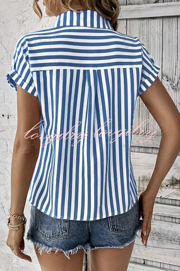 Striped Print Short Sleeve Pocket Shirt Top