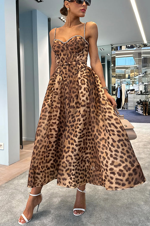 Unleash Your Wild Leopard Rhinestone Trim Back Smocked Midi Dress