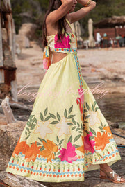 Resort Style Unique Print Sexy Square Neck Backless Waist Maxi Dress