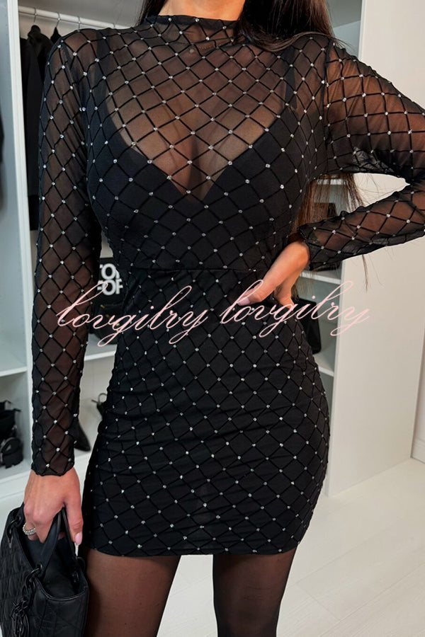 Sexy Language Mesh Glitter Fabric Long Sleeve Stretch Mini Dress