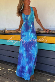 La Bamba Tie-dye Print Back Lace-up Stretch Maxi Dress