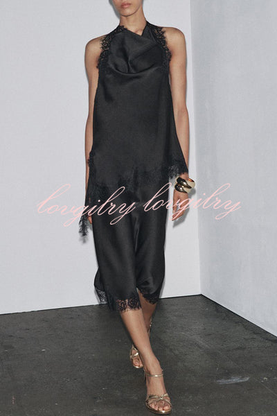 Dolly Satin Lace Trim Mid Rise Slit Drape Midi Skirt