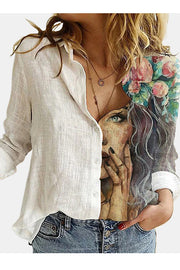 Figure Print Button Design Long Sleeve Casual Blouse