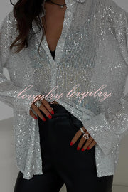 Fashion Sequin Lapel Long Sleeve Loose Shirt