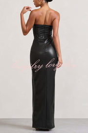 Sexy Meaning Faux Leather Strapless Bandeau Split Maxi Dress