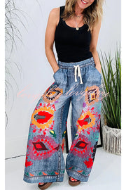 Hippie Style Unique Floral Denim Print Elastic Waist Pocket Wide Leg Pants