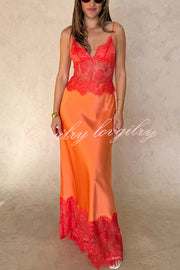 Elegant Evening Satin Lace Patchwork See-through Waist Slip Maxi Dress