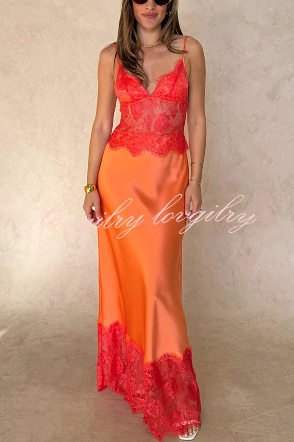Elegant Evening Satin Lace Patchwork See-through Waist Slip Maxi Dress