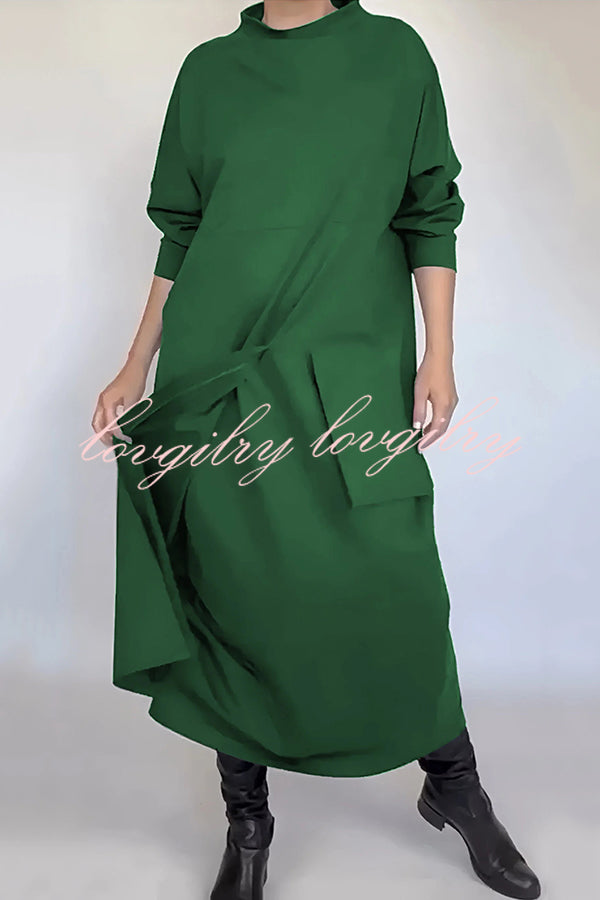 Solid Color Loose Long Sleeve Large Pocket Casual Maxi Dress