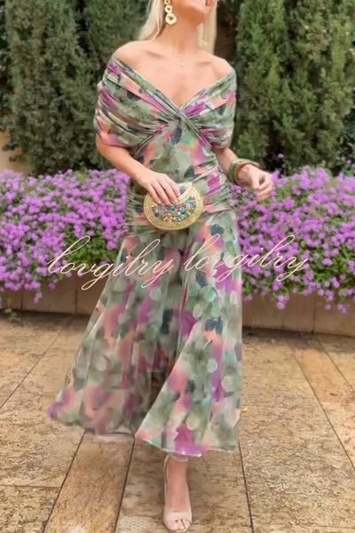 Unique Printed V-Neck Waisted Mesh Holiday Maxi Dress