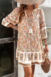 Bohemian Style Unique Printed Casual V-neck Tie Loose Mini Dress