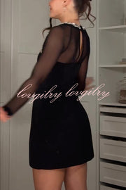 Emmey Jewel Embellished Trim Square-Neck Mesh Long Sleeve Mini Dress