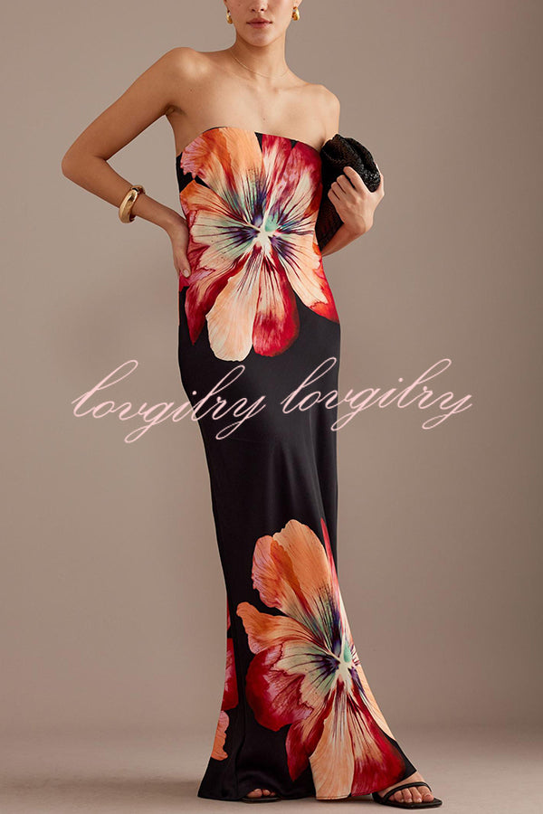 Charming Lady Satin Floral Print Bandeau Loose Maxi Dress