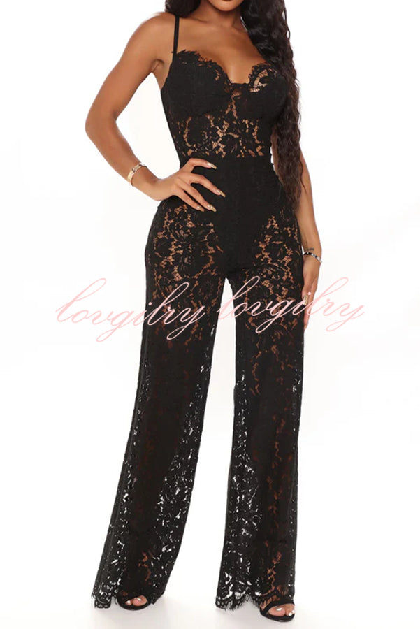 Sexy Moment Floral Lace Lined Suspender Wide Leg Stretch Jumpsuit