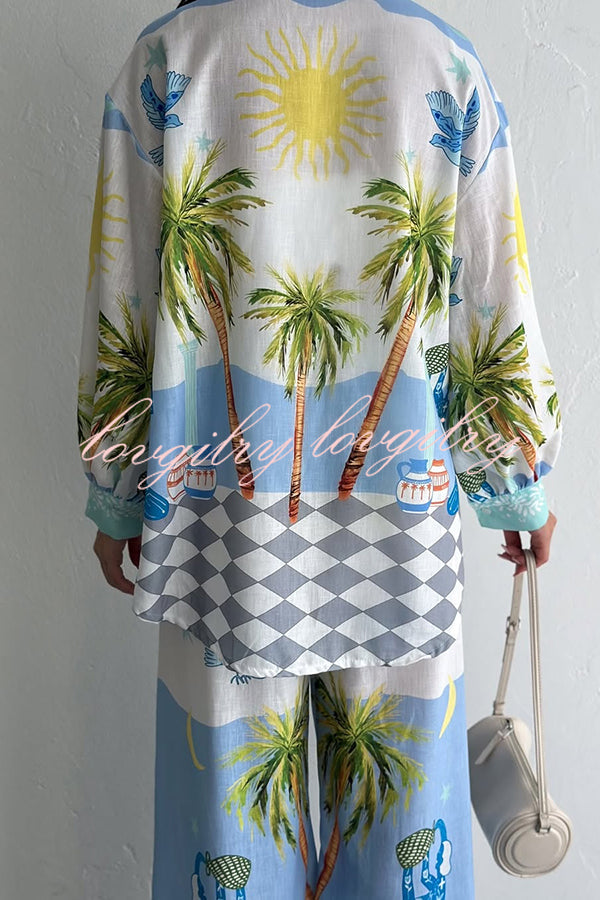 Holiday Style Print Loose Long Sleeve Shirt and Elastic Waist Loose Pocket Wide Leg Pants Set