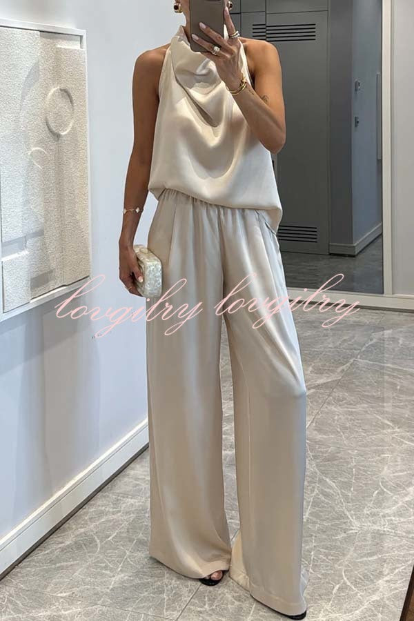 Classic on You Satin High Cowl Neck Top and Elastic Waist Pocket Loose Pants Set