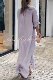 Linen Blend Solid Long Sleeve Buttoned Loose Shirt Style Maxi Dress