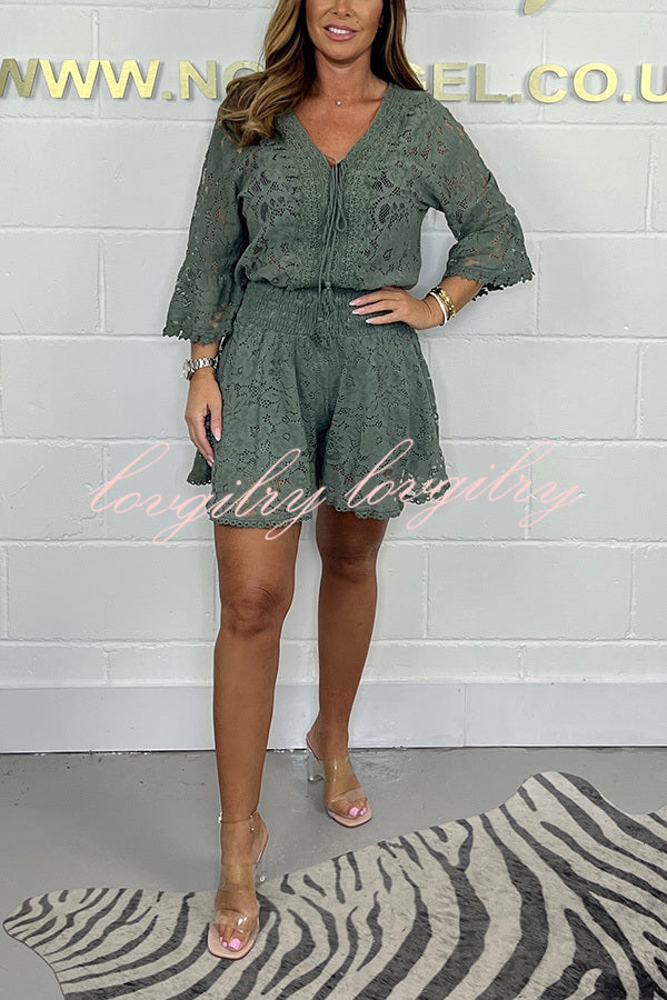 Emilee Lace Tie Neck Bell Sleeve Top and Elastic Waist Loose Shorts Set