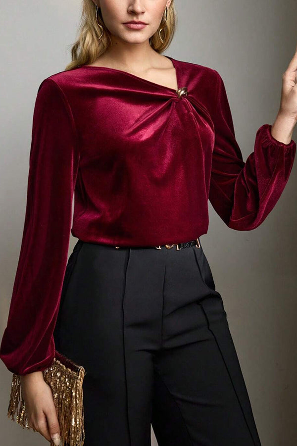 Fashionable Velvet Pleated Long-sleeved Knotted Casual Top