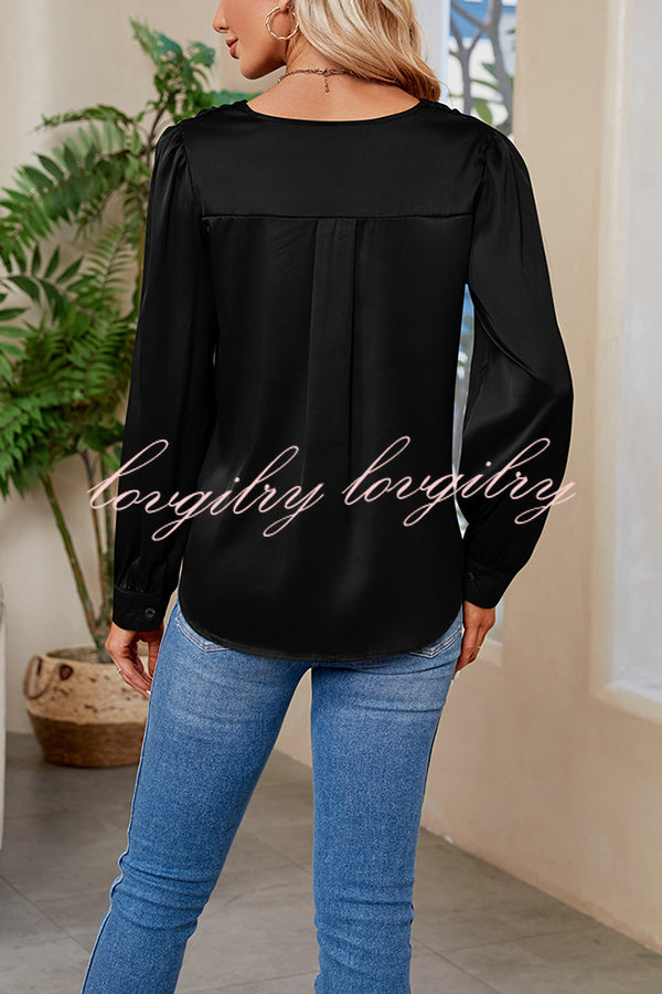 Satin Pleated V-neck Long-sleeved Loose Shirt