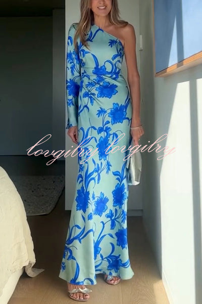 Satin Botanical Print One-Sleeve Resort Maxi Dress