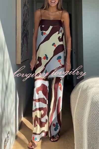 Loving Views Satin Unique Print a-line Tank and Elastic Waist Loose Pants Set