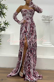 Reina Chiffon Floral Print Pleated Bodice Split Sleeve Strapless Slit Maxi Dress