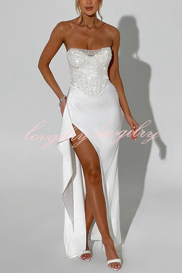 Amazing Dream Sequin Satin Patchwork Off Shoulder Ruffles Drape Slit Maxi Dress