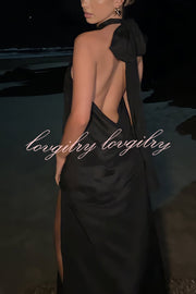 Floral Embellished Satin Halterneck Backless Resort Maxi Dress