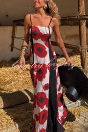 Floral Print Suspenders Paneled Back Pleated Maxi Dress