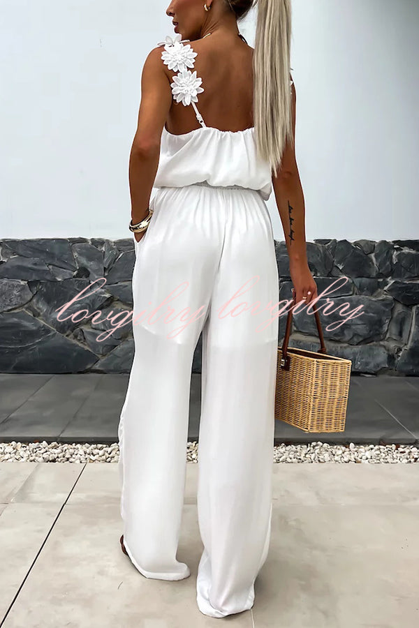 Trendy Embroidered Flower Suspenders Jumpsuit