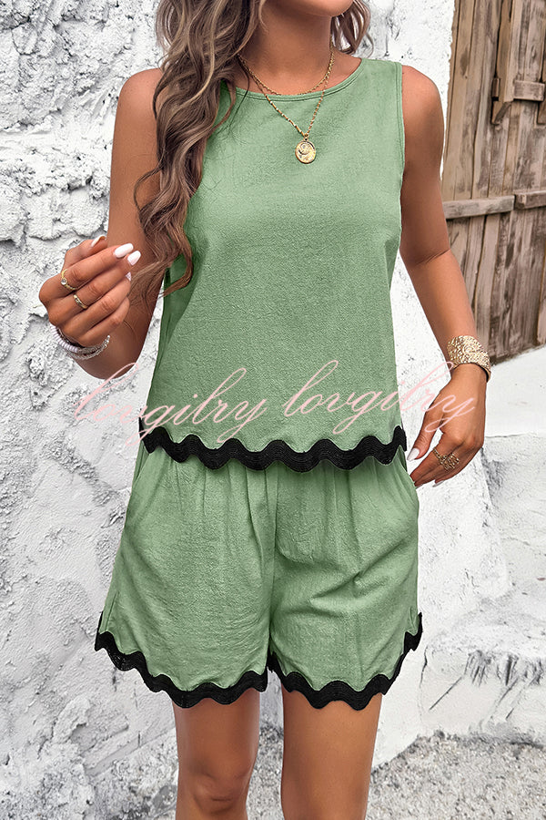 Casual Wavy Edge Buttoned Elastic Waist Shorts Set