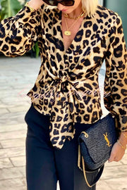 Janae Leopard Print Front Tie-up Lantern Sleeve Casual Blouse