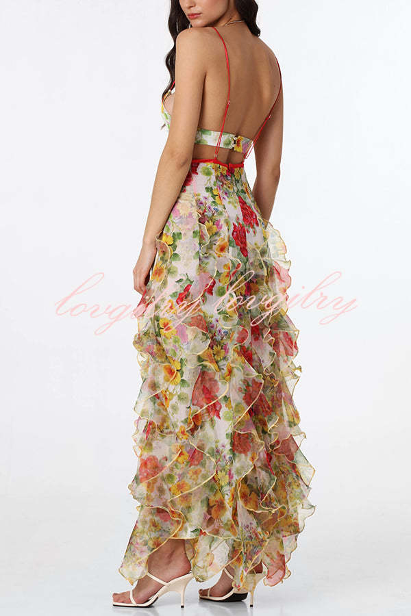 Sunrise Goddess Chiffon Roses Print Ruffles Tiered Trim Maxi Dress