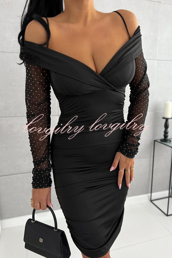 Christy Off Shoulder Mesh Glitter Sleeve Ruched Stretch Mini Dress