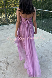 Julie Tulle Lace Trim Off Shoulder Ruched Back Lace-up Drape Slit Maxi Dress