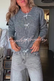 Paris Mornings Knit Front Bow Design Long Sleeve Relaxed Cardigan