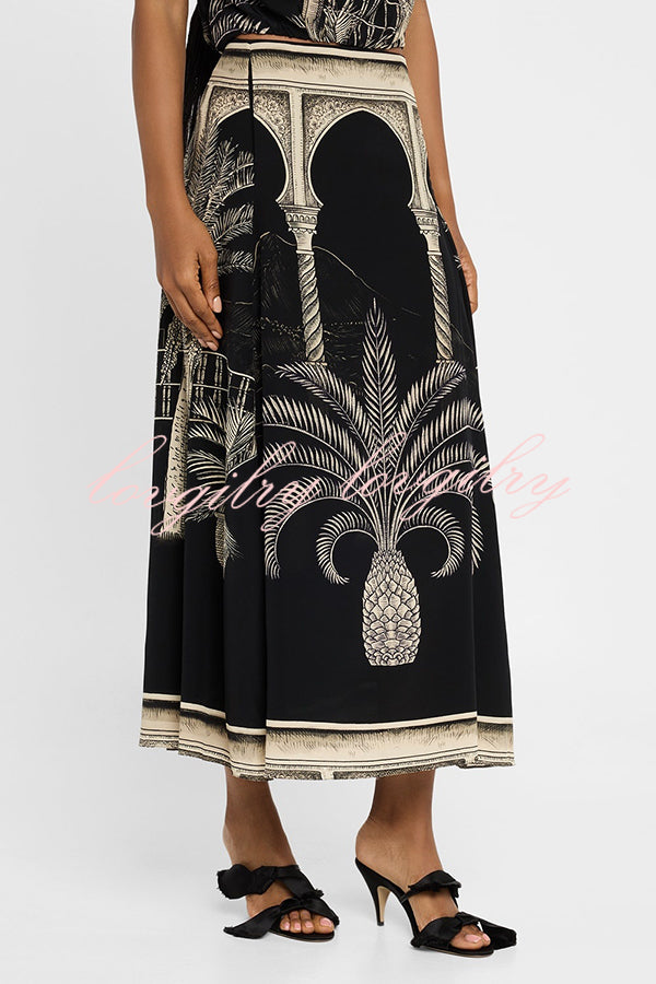 Satin Botanical Print Sleeveless Lounge Top and Midi Skirt Set