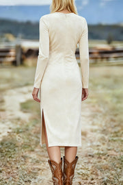 Solid Color Round Neck Long-sleeved Suede Slim-fit Tassel Midi Dress