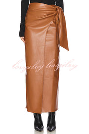 Snappy Casual Slay Faux Leather High Rise Wrap Tie-up Stretch Maxi Skirt