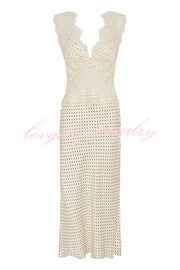 Wonderful Fusion Satin Lace Trim Poka Dot V-neck Drape Maxi Dress