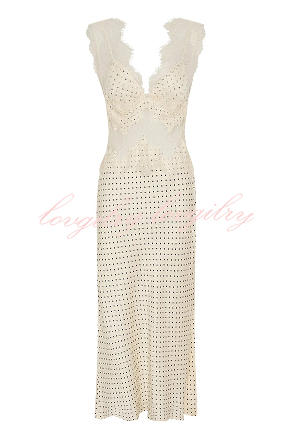 Wonderful Fusion Satin Lace Trim Poka Dot V-neck Drape Maxi Dress