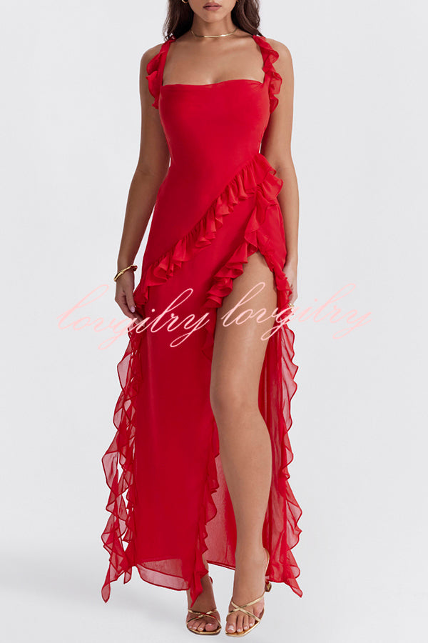 Ultra-sexy Silhouette Ruffle High Slit Lightweight Maxi Dress