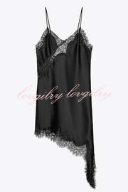 Elouise Satin Lace Trim V-neck Asymmetrical Hem Slip Mini Dress