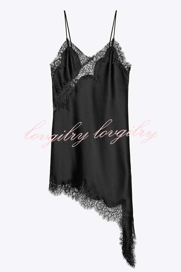 Elouise Satin Lace Trim V-neck Asymmetrical Hem Slip Mini Dress