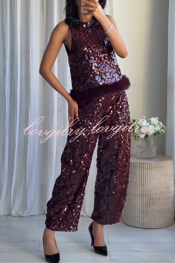 Gala Goddess Sequin Faux Fur Trim Crew Neck Sleeveless Loose Top