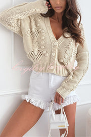 Fashion Hollow Long Sleeve V-neck Button Loose Knitted Cardigan